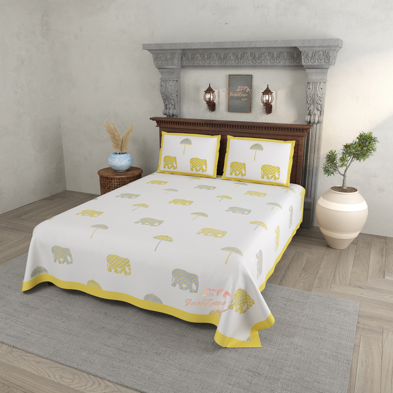 HAND BLOCK PRINT Bedsheet with 2 Pillow Cover Bedroom Home Decor Elephant Bedsheet Cotton Double Indian Design Bedsheet For Cotton Bedsheet